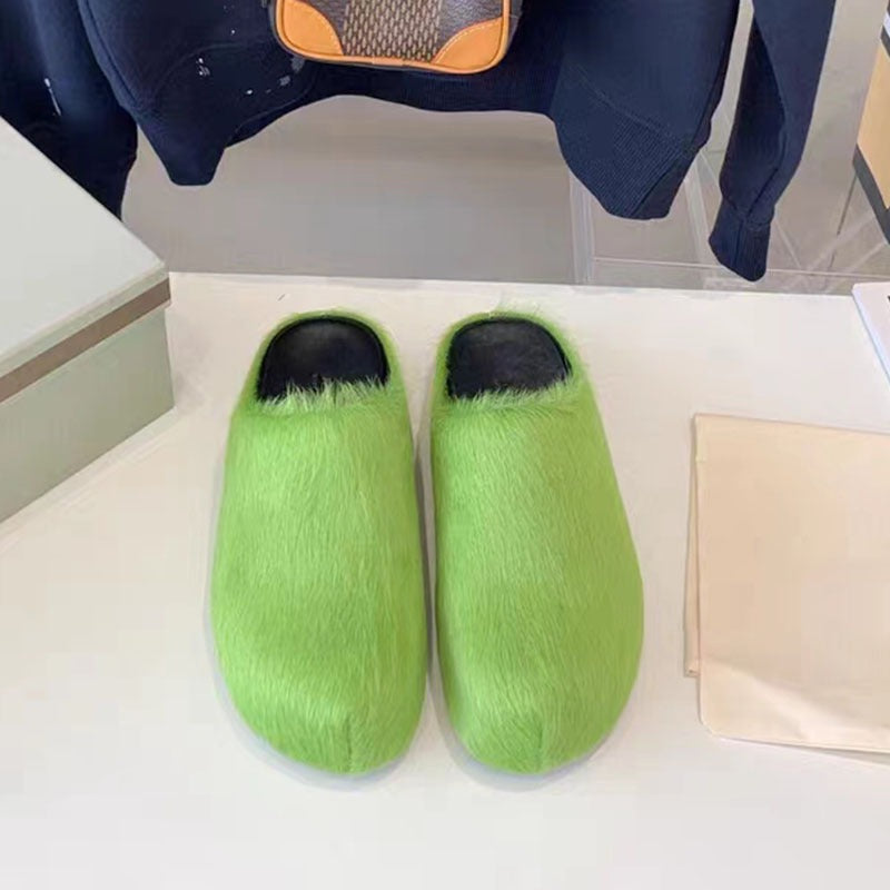 Plush Fashion Hub Matsuke genuine leather and horse hair slippers, showing a close-up of the stylish slip-on footwear design.