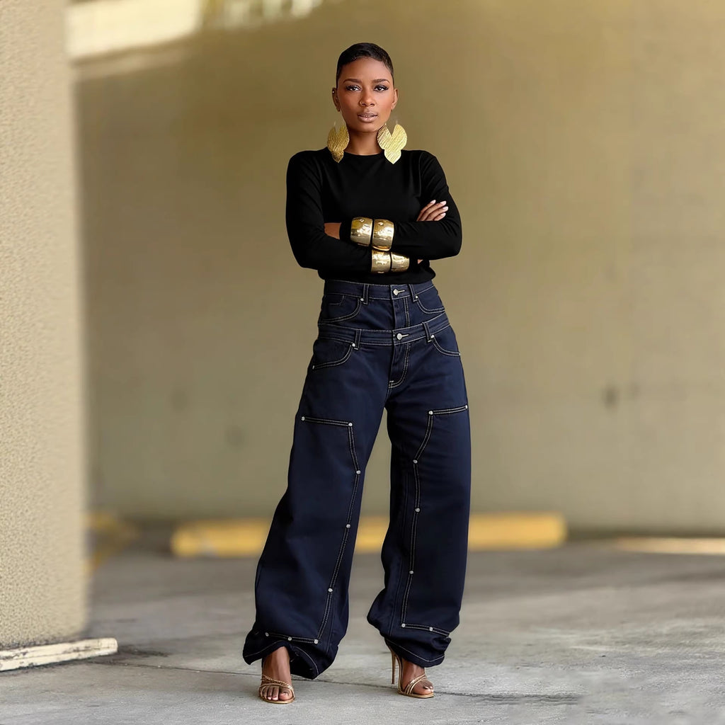 NewDouble Waistband Rivet Spliced Denim Pants
