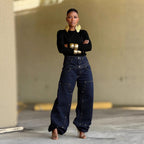 NewDouble Waistband Rivet Spliced Denim Pants