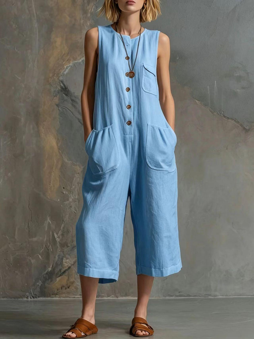 Women’s retro sleeveless wide-leg cropped jumpsuit by FitiqueFit, casualwear with a relaxed fit and stylish wide-leg design.