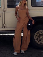 Camel spaghetti strap corset top and wide-leg pants set by FitiqueFit, casualwear, shown in size XS to 2XL.