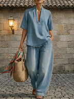 Casual FitiqueFit retro V-neck washed denim top and wide-leg pants set in three colors, available in sizes S to 3XL.