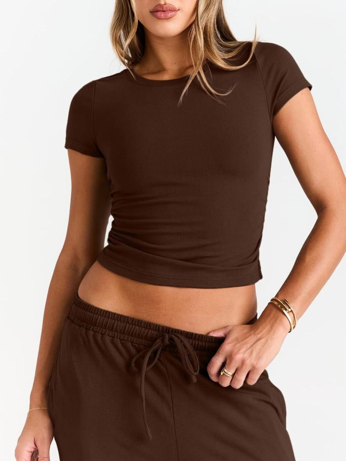 Plush Fashion Hub women's round neck short sleeve T-shirt and drawstring lounge set, comfortable 2-piece casual outfit.