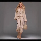 FitiqueFit French-Style long sleeve top and pants set with patchwork design, casualwear two-piece outfit in a chic, relaxed style.