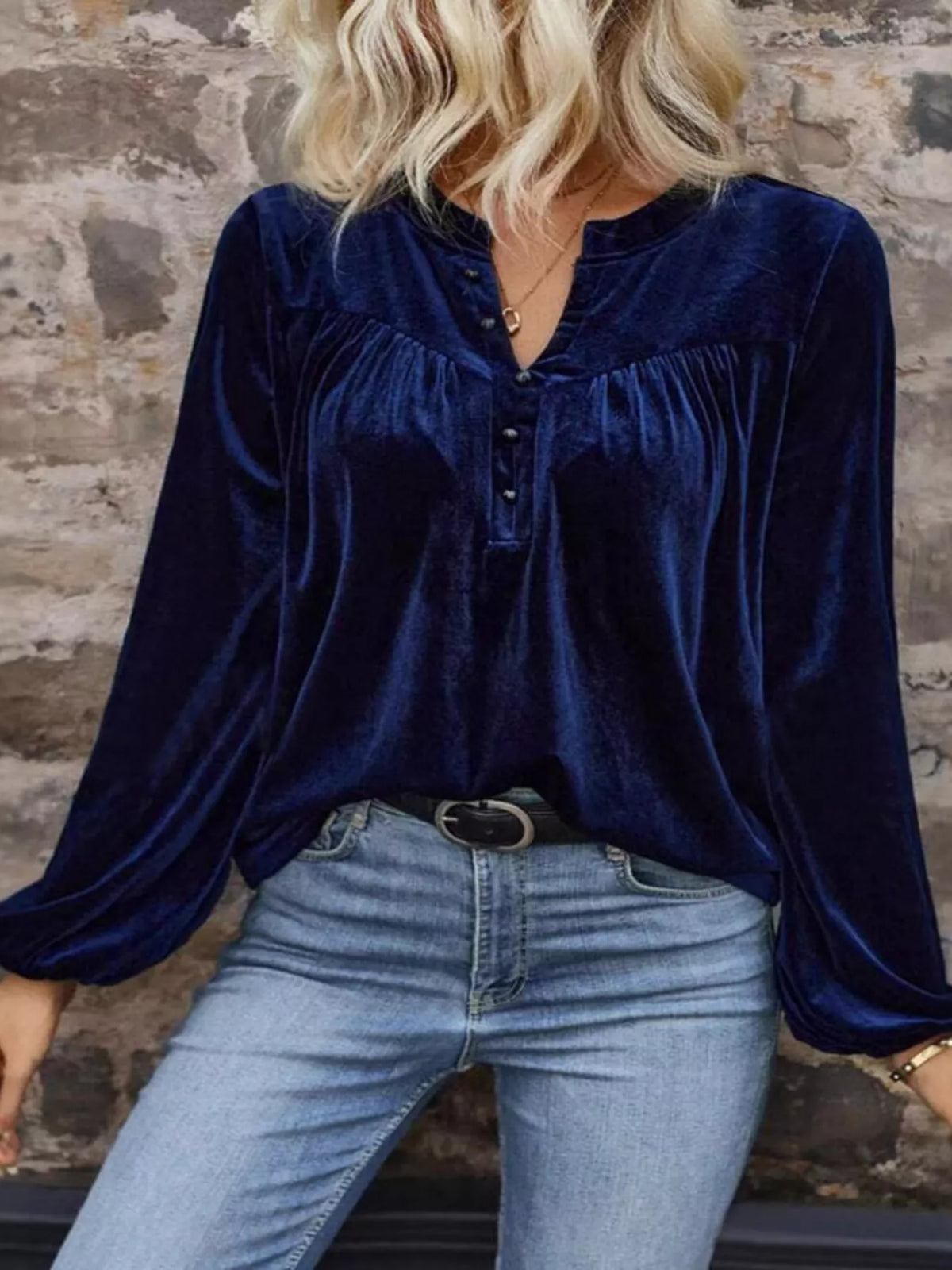 Velvet notched long sleeve blouse by Simply Love featuring a chic design and elegant fit, shown in a close-up image.
