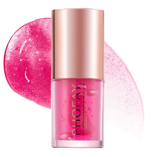 PHOFAY Jelly Lip Oil bottle with pink gloss background, ultra-moisturizing and non-sticky formula.