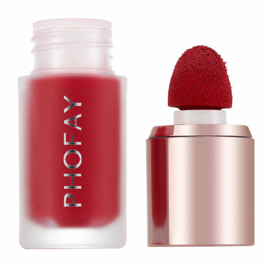 PHOFAY Mousse Liquid Blush bottle and applicator showing vibrant color.