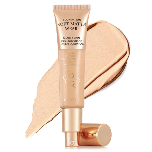 PHOFAY Full Coverage Foundation tube with swatch, flawless and oil-controlling formula.