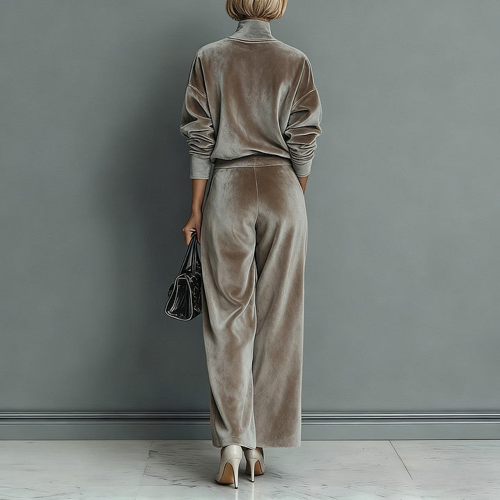 LadyShow.Store casual warm velour long-sleeved high-neck zipper sportswear with wide-leg pants, designed for comfortable activewear.