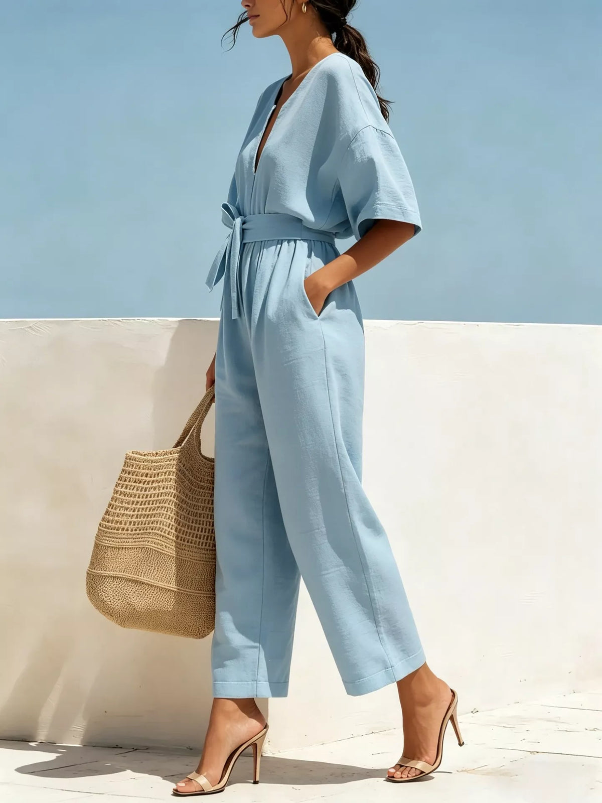 Plush Fashion Hub tie waist wide-leg bodysuit, featuring a fitted bodysuit with a stylish tie waist and wide-leg design.