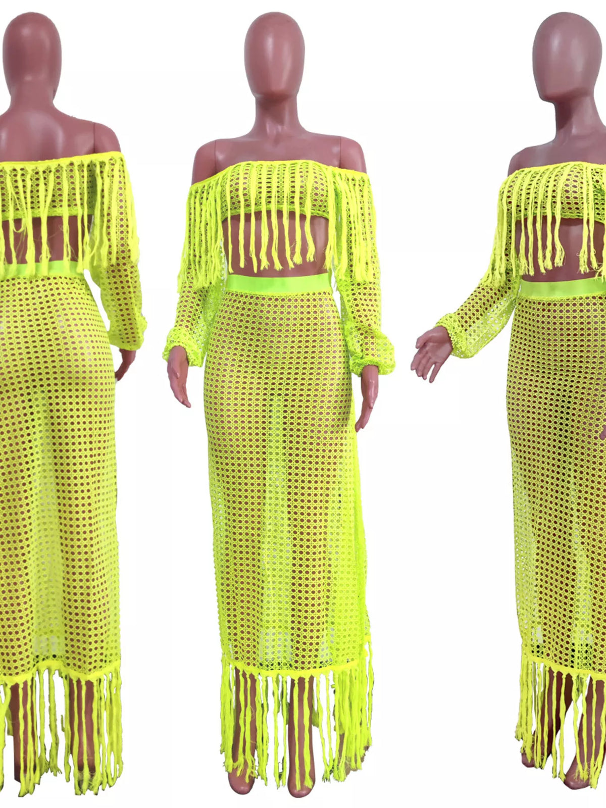 Plus size crochet off-shoulder fringe top and matching skirt set by Plush Fashion Hub, stylish boho fashion ensemble.