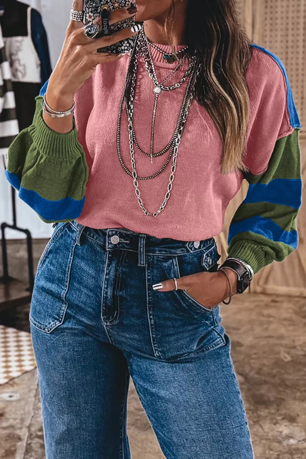 Multicolour Western colorblock patchwork striped long sleeve sweater by Trendsi, featuring vibrant patchwork and striped design.