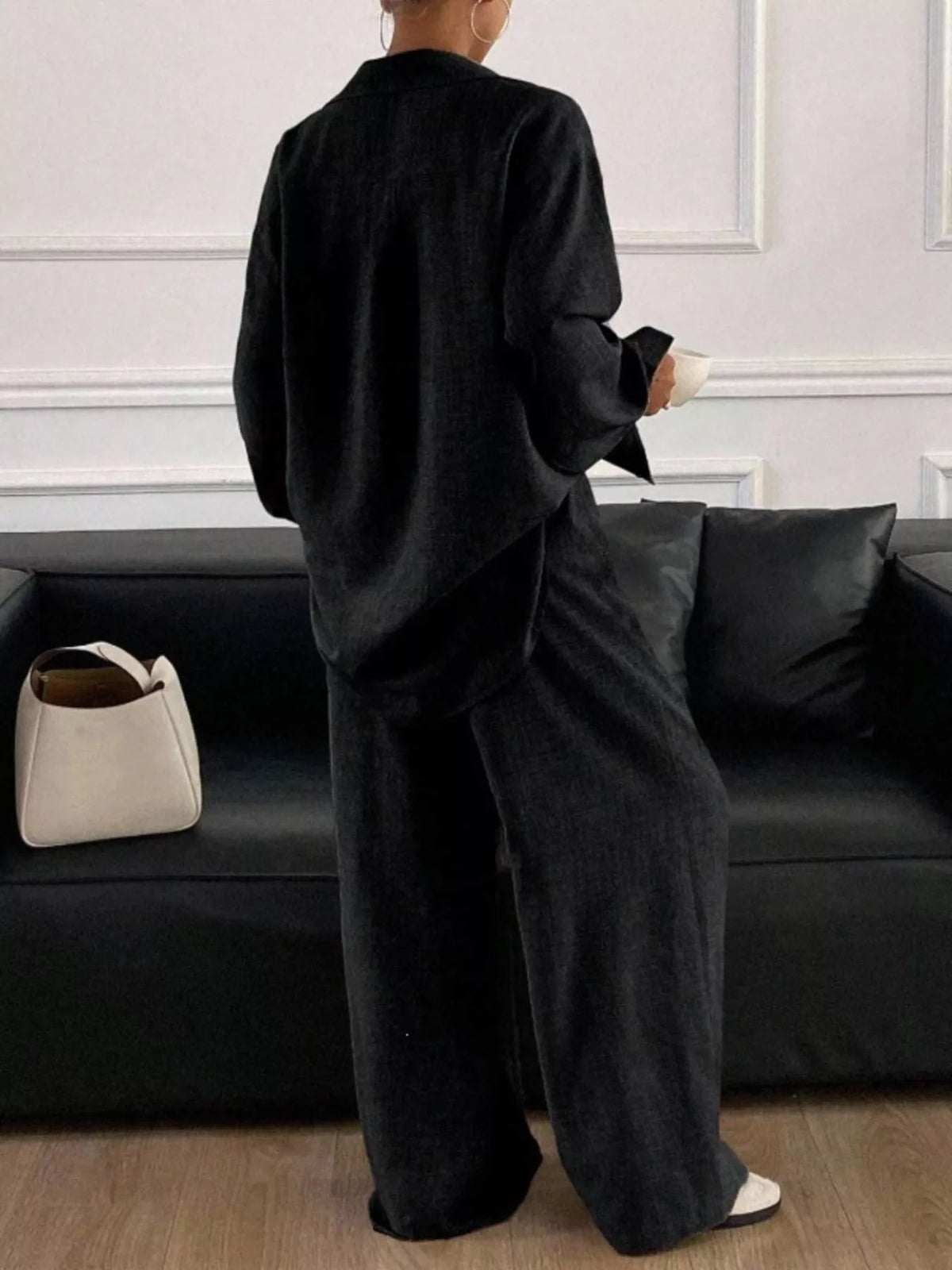 Trendsi long sleeve button-up shirt and wide-leg pants set, stylish casual outfit, featuring a fitted shirt and flowy pants.