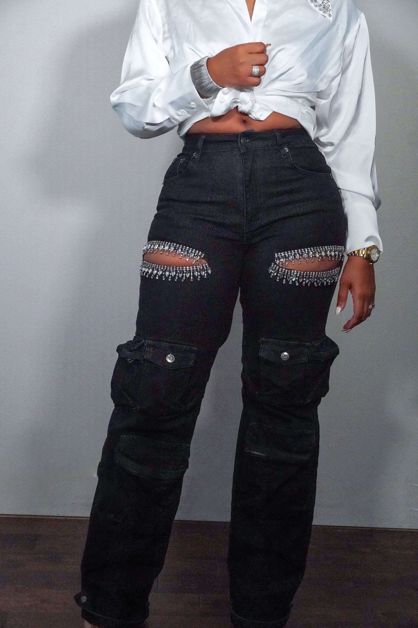 Rhinestone Embellished Cargo Jeans The Bella Noire Store