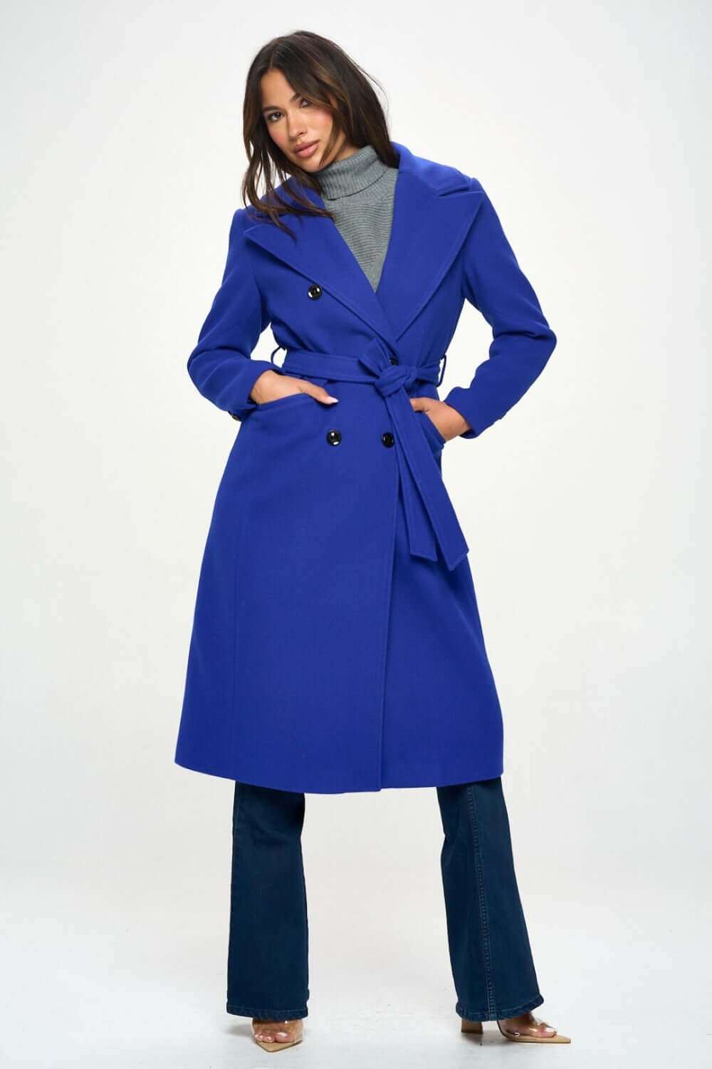 Coalition LA Double-Breasted Longline Coat with Belt in blue, featuring a timeless design and flattering silhouette.