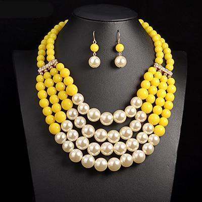 Multi Simulated Pearl Bohemian Jewelry Set with earrings and necklace featuring yellow and pearl beads.