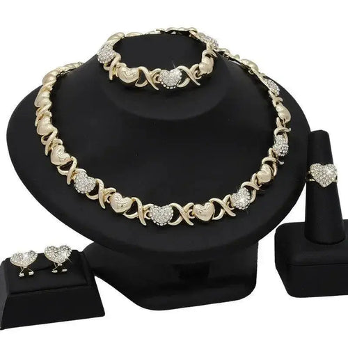 18K gold heart-shaped pendant necklace and matching earrings jewelry set for women, designed by Plush Fashion Hub.