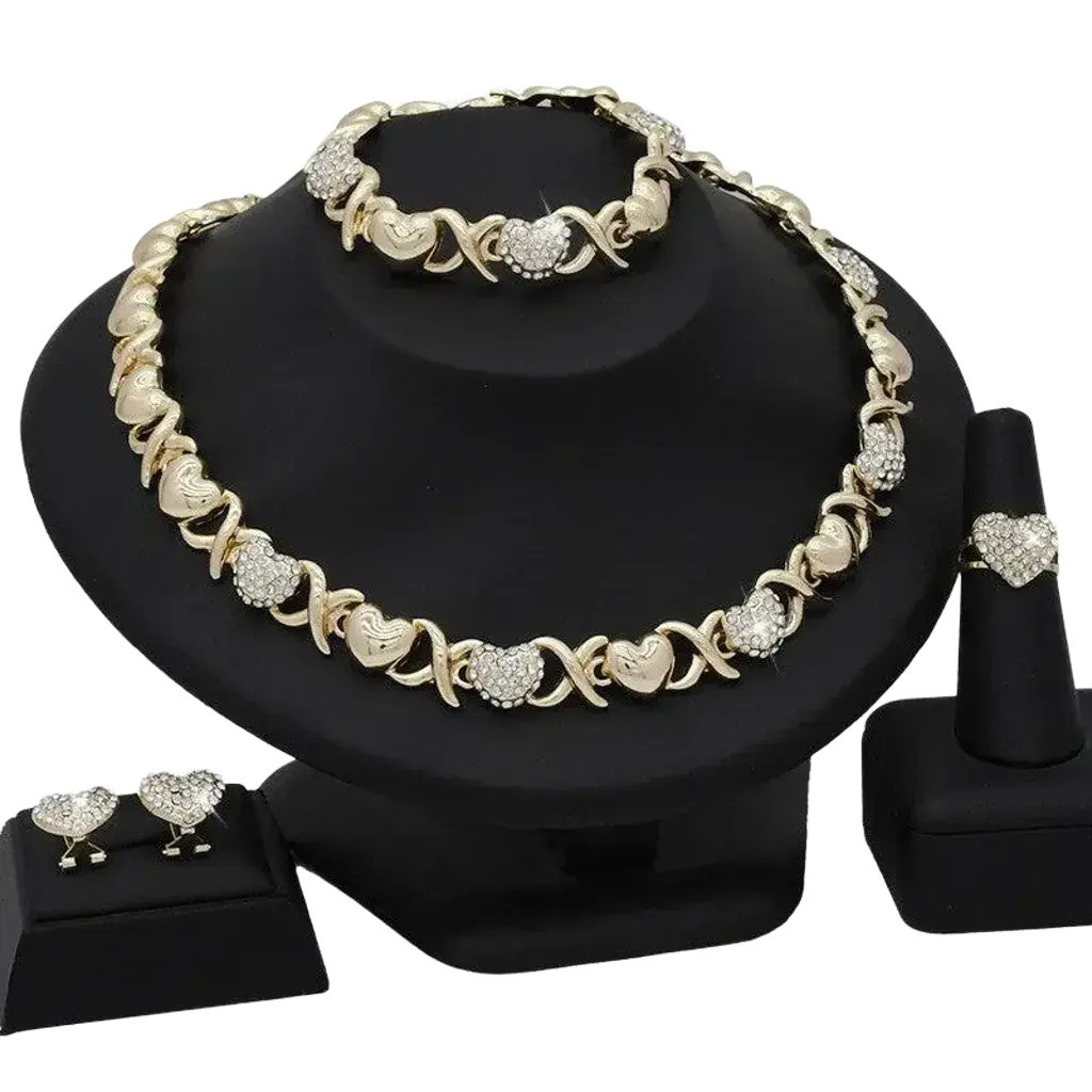 18K gold heart-shaped pendant necklace and matching earrings set for women, plush fashion jewelry by Plush Fashion Hub