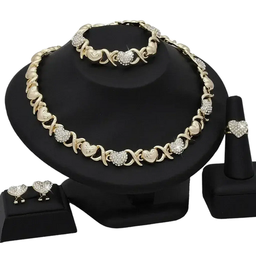 18K gold heart-shaped pendant necklace and matching earrings set from Plush Fashion Hub, elegant women's jewelry gift set.