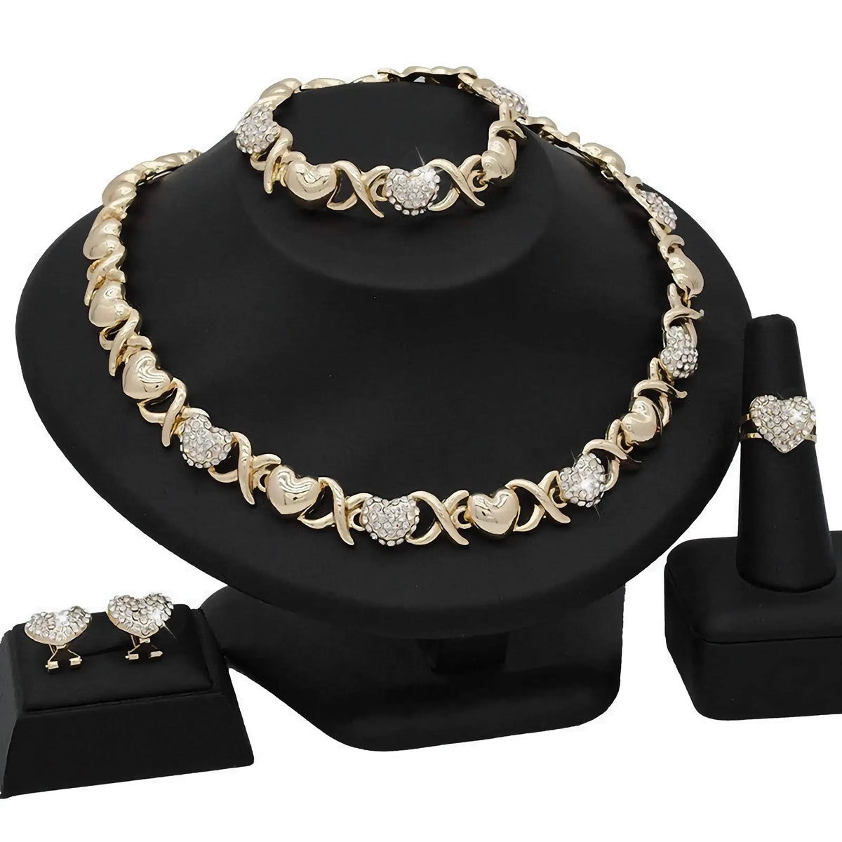 18K gold heart-shaped pendant necklace and matching earrings set for women, elegant jewelry from Plush Fashion Hub