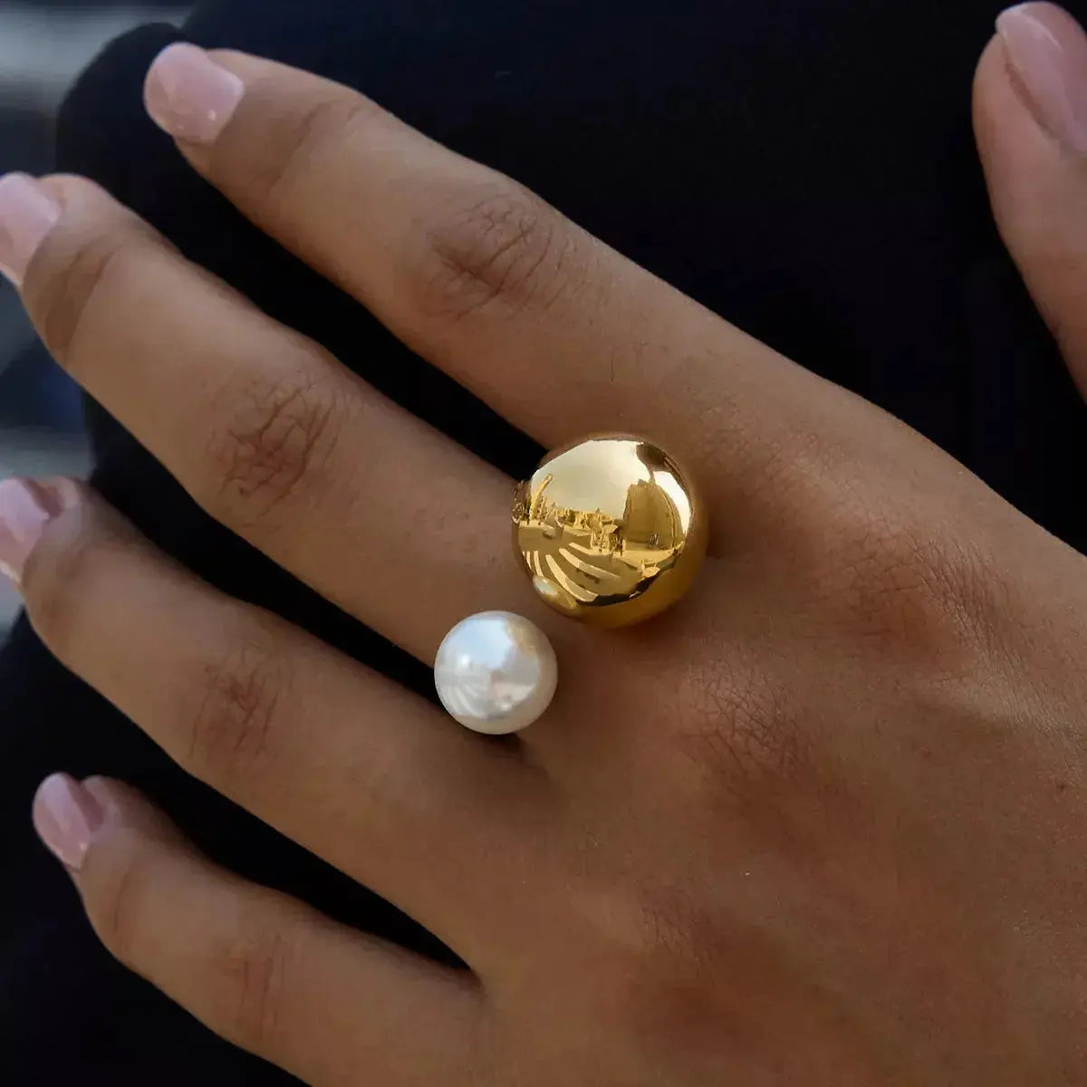 18K gold-plated celestial pearl and orb open ring with adjustable band from Plush Fashion Hub, featuring a delicate, elegant design.