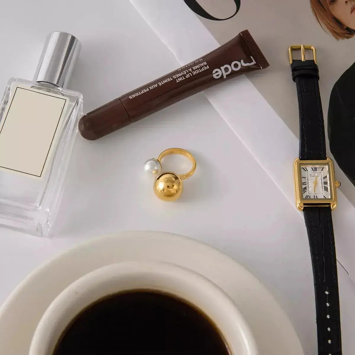 18K gold-plated celestial pearl and orb open ring with adjustable band from Plush Fashion Hub.
