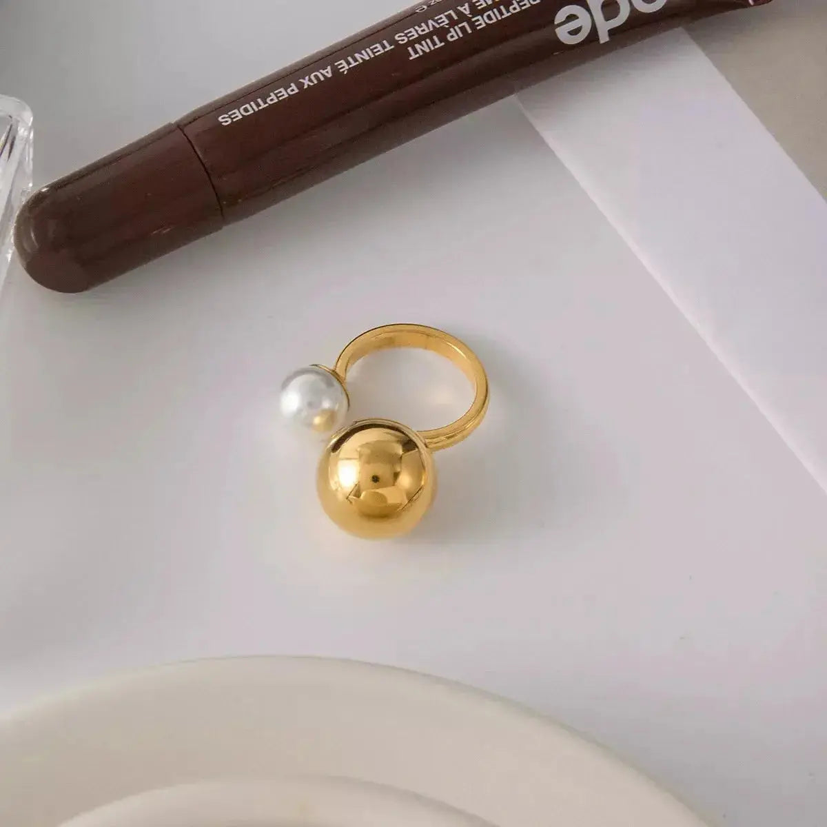 18K gold-plated celestial pearl and orb open ring with adjustable band, showcasing elegant jewelry design.