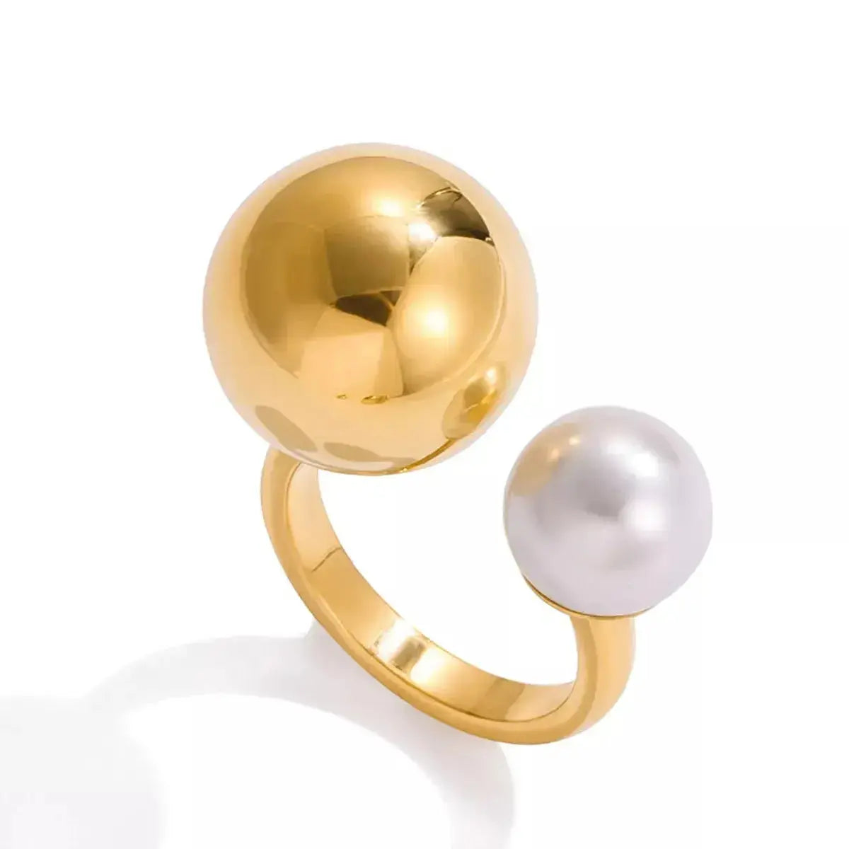 18K gold-plated celestial pearl and orb open ring with adjustable band, featuring a stylish design and intricate detailing.