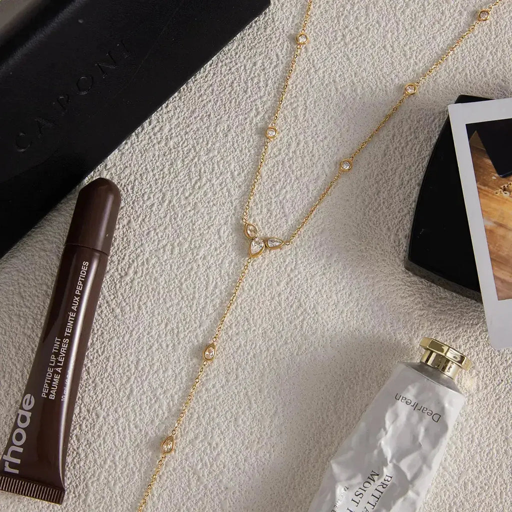 18K gold-plated zircon chain necklace with a delicate, radiant design, perfect for elegant statement jewelry.