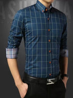 Plus size men's classic plaid button-down shirt in blue and white, casual fit, made by Trendsi.