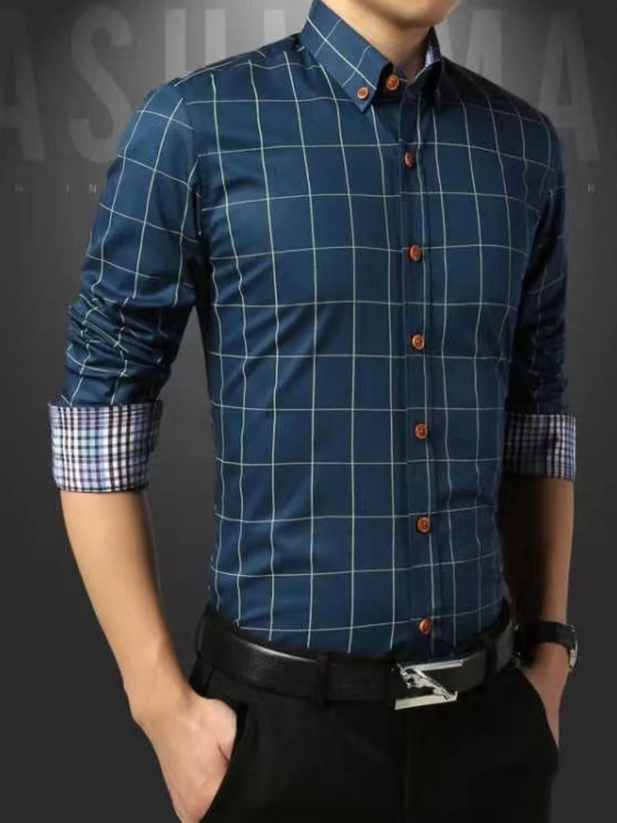 Men's plus size plaid button-down shirt by Plush Fashion Hub, showing a classic design with a collar and button front in a plaid pattern.