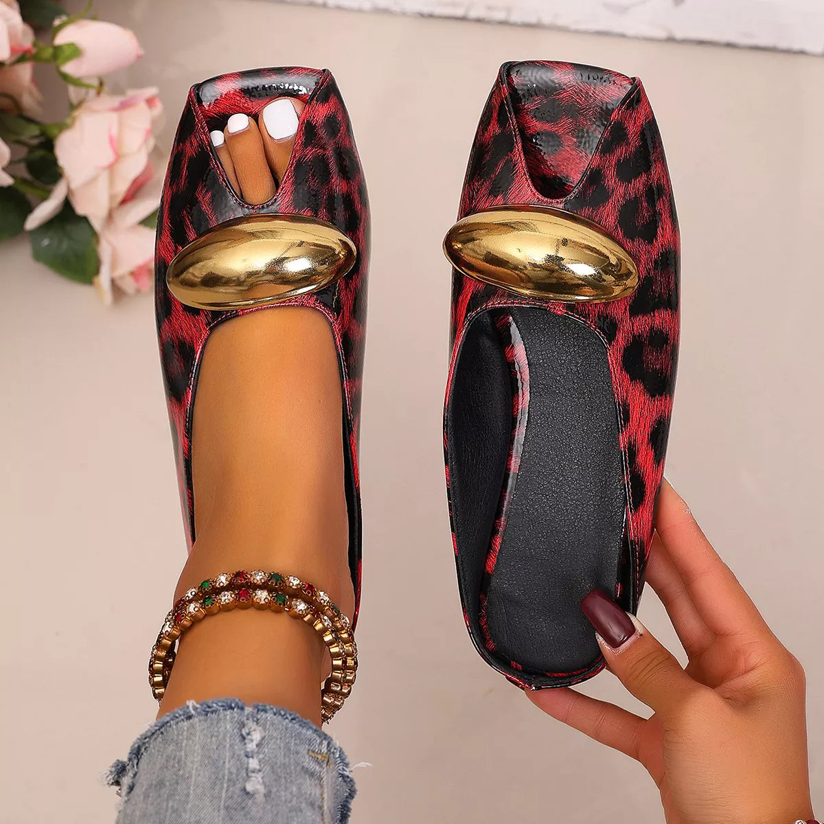 Plush Fashion Hub leopard open toe sandals with plush straps and block heel, stylish and comfortable for casual wear.