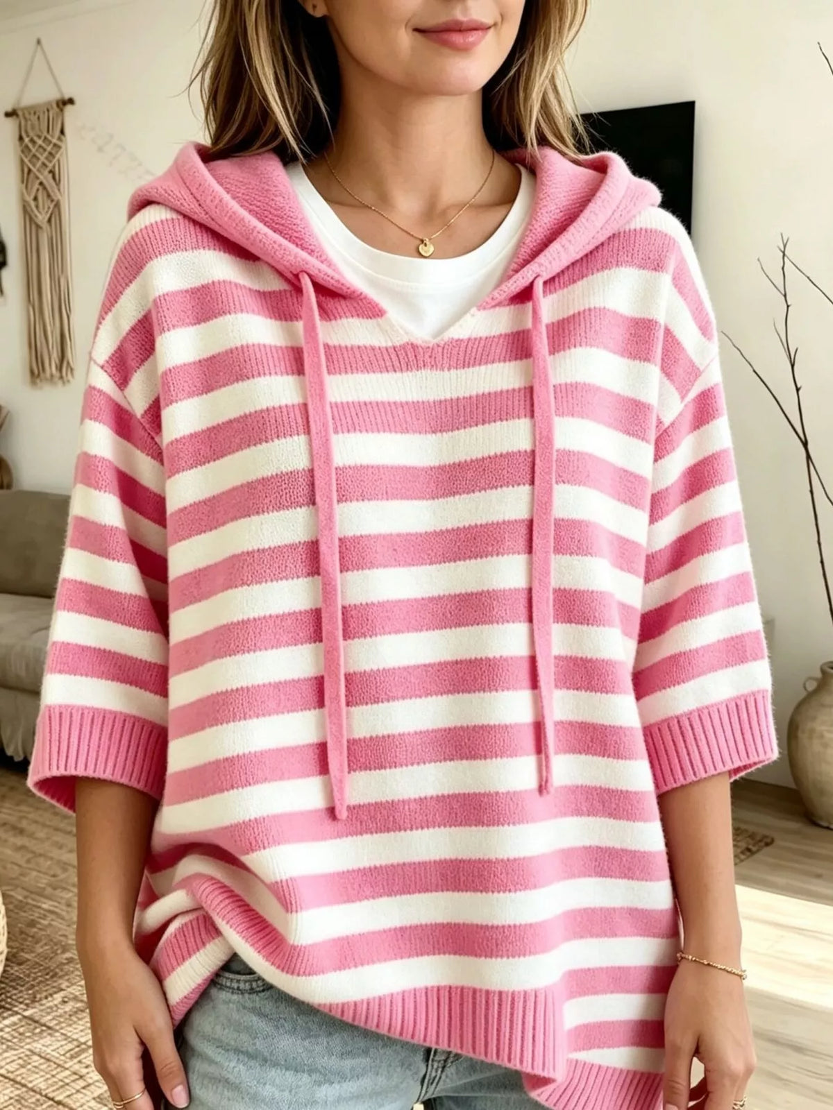 Plus size striped drawstring hooded sweater by Trendsi, featuring a cozy full-length design with a hood and casual style.
