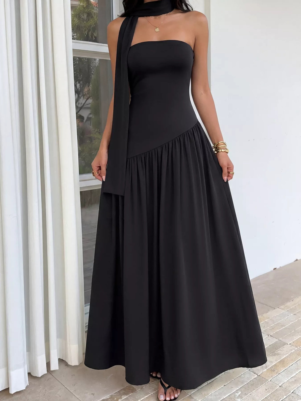Plush Fashion Hub maxi dress with slit design and matching scarf, flowing fabric, elegant style, in a vibrant color.