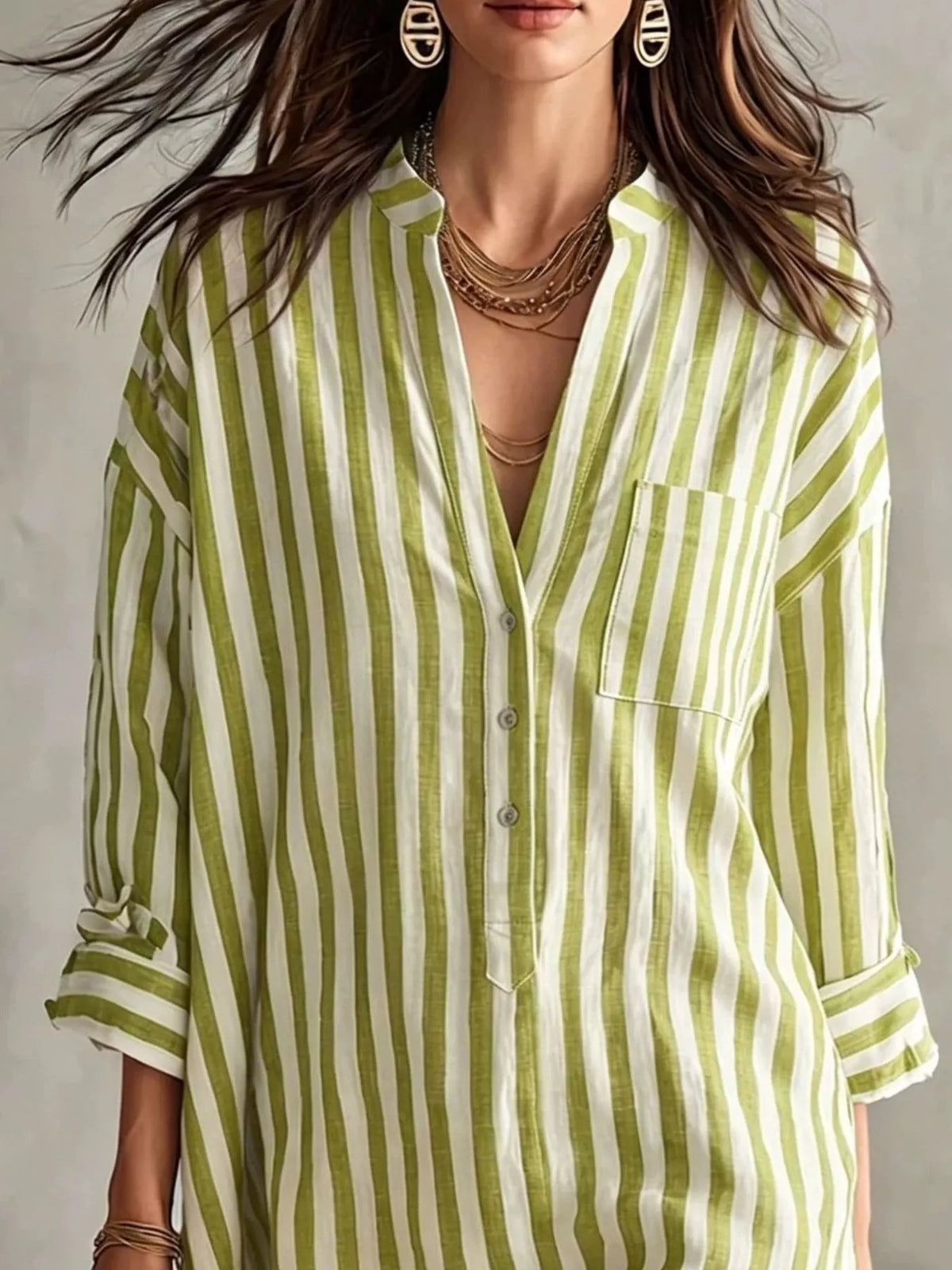 Plus size striped shirt dress with 3/4 sleeves from Trendsi, featuring a casual, comfortable fit and stylish design.
