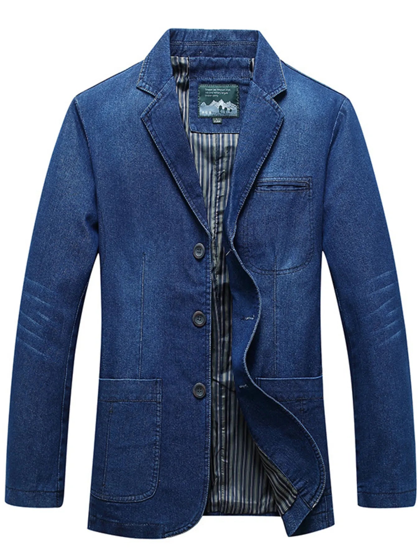 Men's plus size denim blazer with long sleeves and button-up front, stylish Trendsi men's fashion blazer.