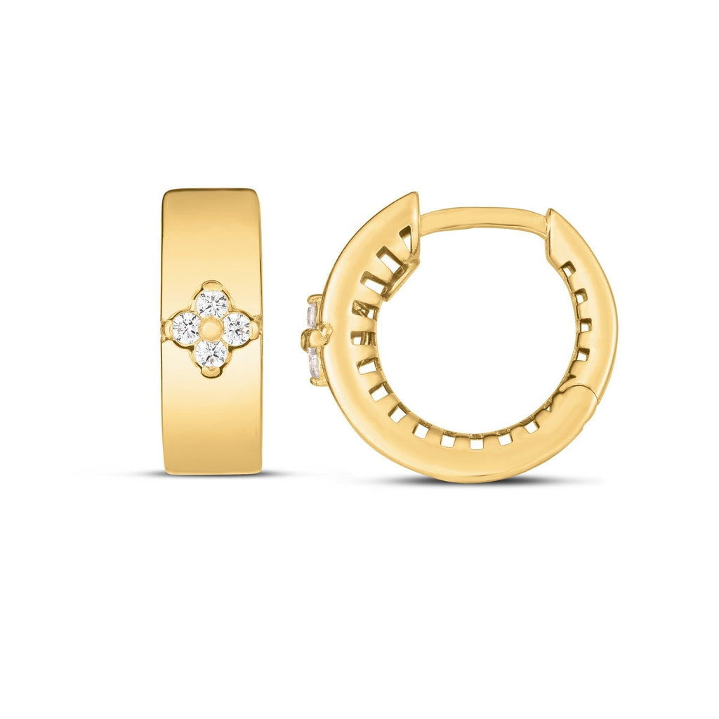 14k yellow gold trilogy diamond clover earrings featuring three small sparkling diamond charms on gold hoops.