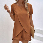 Women's 2-piece summer lounge set in casualwear style from Plush Fashion Hub, includes a relaxed top and matching shorts in soft fabric.