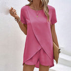 Women's 2-piece summer lounge set by Plush Fashion Hub, featuring a comfortable casualwear outfit with top and shorts in breathable fabric.
