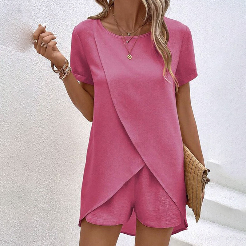 Women's 2-piece summer lounge set by Plush Fashion Hub, featuring a comfortable casualwear outfit with top and shorts in breathable fabric.