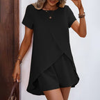 Women’s 2-piece summer lounge set by Plush Fashion Hub, featuring comfortable casualwear with matching top and shorts in lightweight fabric.