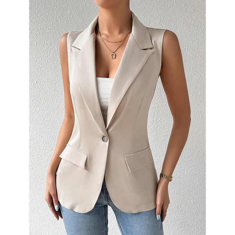 Women's sleeveless open-front blazer vest by FitiqueFit, stylish work and office jacket perfect for professional outfits.
