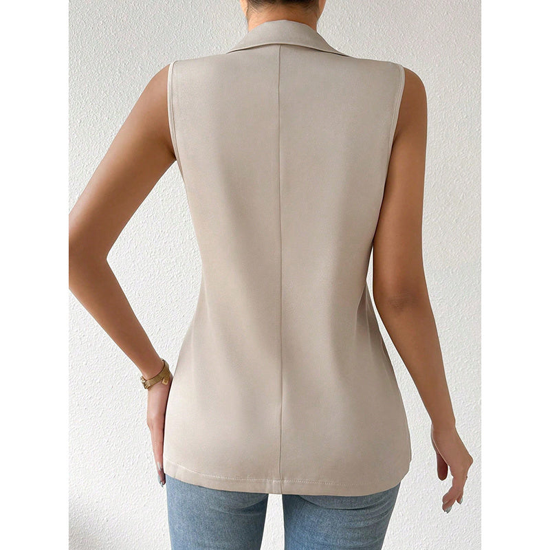 Women's sleeveless open-front vest blazer by FitiqueFit, stylish work and office jacket, shown in a professional setting.