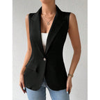 Women's sleeveless open-front vest blazer by FitiqueFit, stylish work and office jacket, shown on a model.