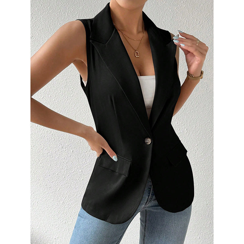 Women's sleeveless open-front blazer jacket by FitiqueFit, stylish work and office vest with a tailored fit.