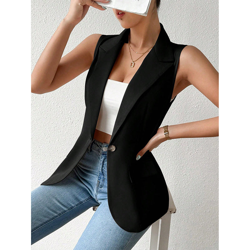 Women's sleeveless open-front blazer vest from FitiqueFit, suitable for work and office, featuring a stylish tailored design.