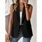 Women's sleeveless open-front vest blazer by FitiqueFit, stylish work and office jacket shown on a model.