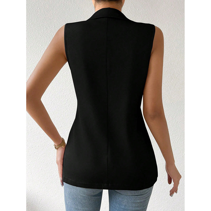 Women's sleeveless open-front blazer vest by FitiqueFit, perfect for work and office attire, shown in a stylish professional setting.