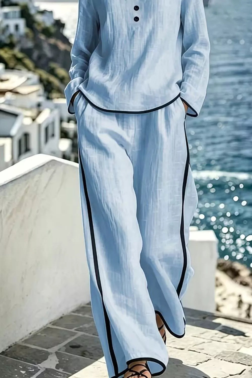 Contrast trim long sleeve top and pants lounge set by Plush Fashion Hub, comfortable casual outfit with stylish detailing.