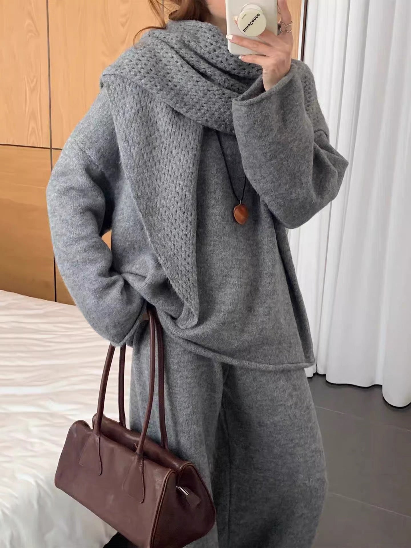 Three-Piece Set: Knitted Sweater + Openwork Shawl + Casual Trousers Plush Fashion Hub
